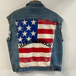 Harley Davidson Patriotic Cut off Denim Vest American Flag Medium